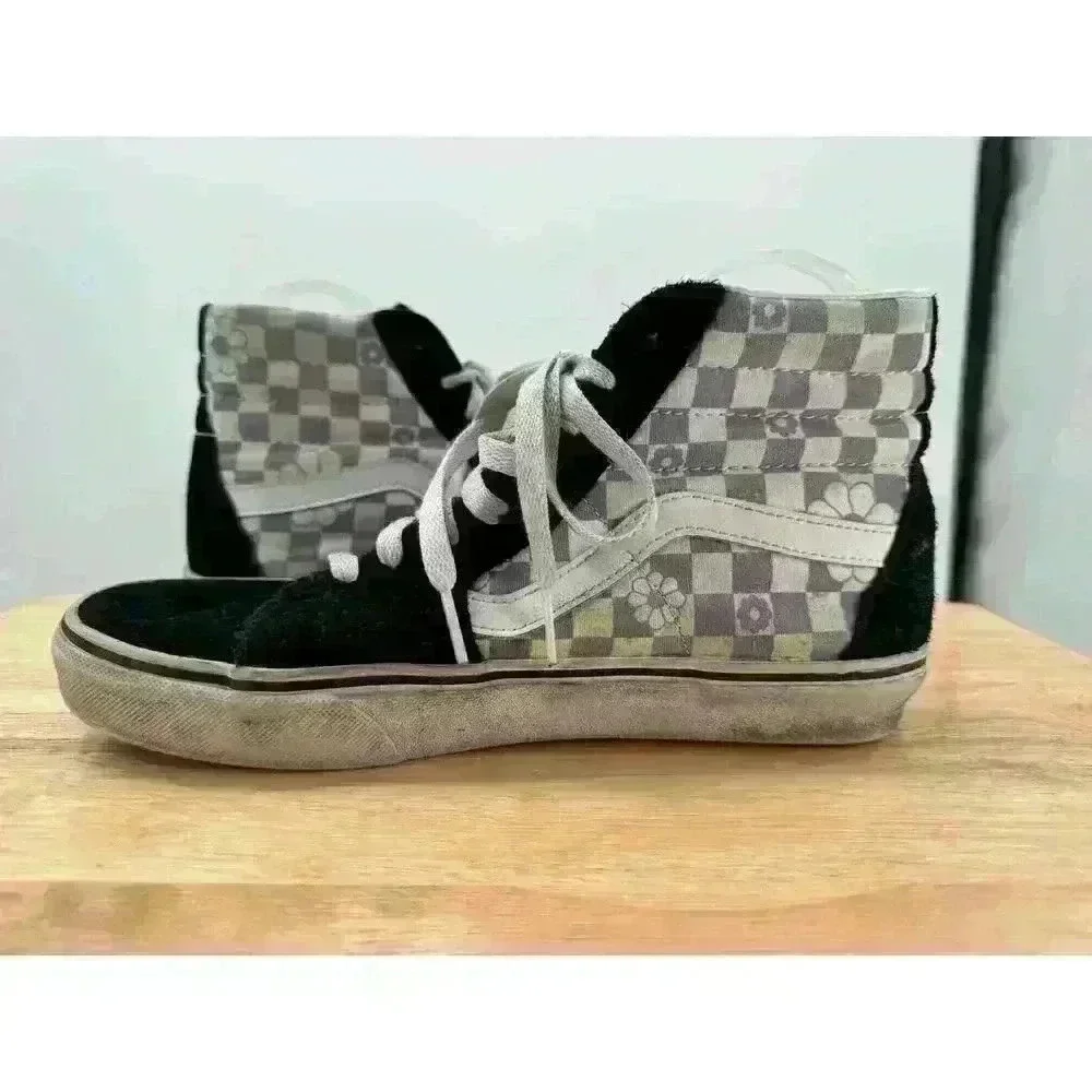 Vans High Top Lace-Up Sneakers - Purple & White Floral‎ Checkered - W 9.5 M 8